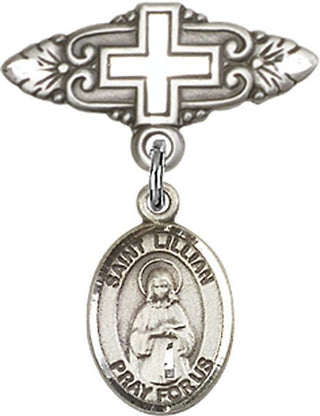 Sterling Silver Badge Pin With Cross St. Lillian Baby Badge - Engravable