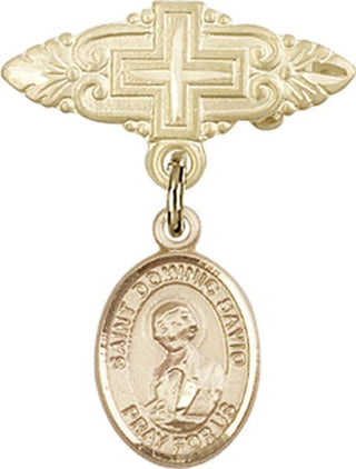 14kt Gold Badge Pin With Cross St. Dominic Savio Baby Badge - Engravable