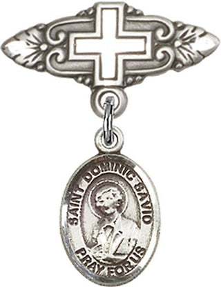 Sterling Silver Badge Pin With Cross St. Dominic Savio Baby Badge - Engravable
