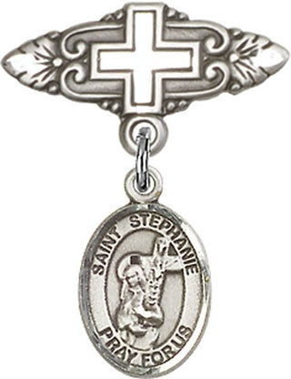 Sterling Silver Badge Pin With Cross St. Stephanie Baby Badge - Engravable
