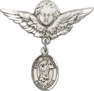 Sterling Silver Large Angel w/Wings St. Stephanie Baby Badge - Engravable