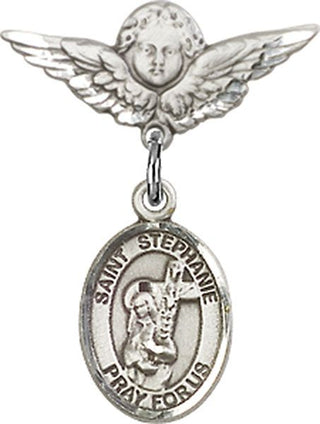 Sterling Silver Small Angel w/Wings St. Stephanie Baby Badge - Engravable
