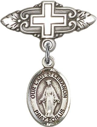 Sterling Silver Badge Pin With Cross O/L of Lebanon Baby Badge - Engravable