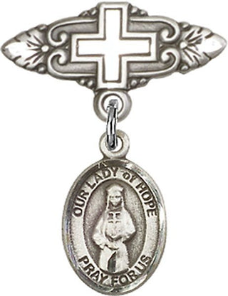 Sterling Silver Badge Pin With Cross O/L of Hope Baby Badge - Engravable