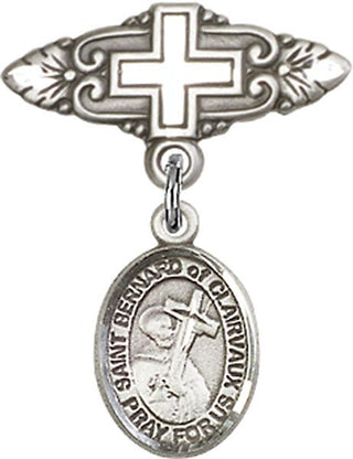 Sterling Silver Badge Pin With Cross St. Bernard of Clairvaux Baby Badge - Engravable