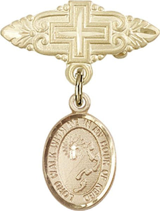 14kt Gold Filled Badge Pin With Cross Footprints / Cross Baby Badge - Engravable