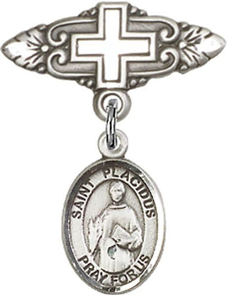 Sterling Silver Badge Pin With Cross St. Placidus Baby Badge - Engravable