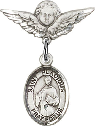 Sterling Silver Small Angel w/Wings St. Placidus Baby Badge - Engravable