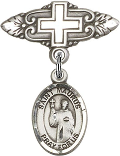 Sterling Silver Badge Pin With Cross St. Maurus Baby Badge - Engravable