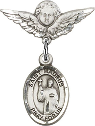 Sterling Silver Small Angel w/Wings St. Maurus Baby Badge - Engravable