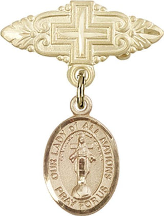 14kt Gold Badge Pin With Cross O/L of All Nations Baby Badge - Engravable