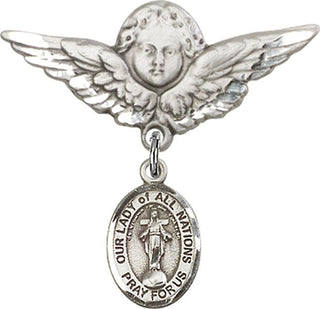 Sterling Silver Large Angel w/Wings O/L of All Nations Baby Badge - Engravable