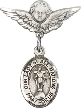 Sterling Silver Small Angel w/Wings O/L of All Nations Baby Badge - Engravable