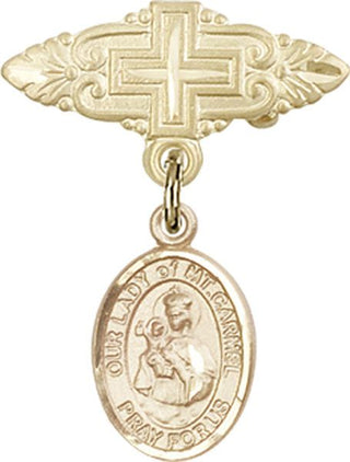 14kt Gold Badge Pin With Cross O/L of Mount Carmel Baby Badge