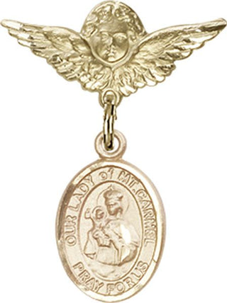 14kt Gold Small Angel w/Wings O/L of Mount Carmel Baby Badge