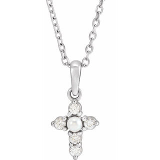Sterling Silver Cultured White Seed Pearl & .07 CTW Natural Diamond Cross 16-18" Necklace