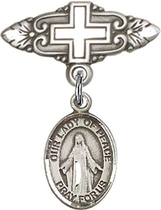 Sterling Silver Badge Pin With Cross O/L of Peace Baby Badge - Engravable