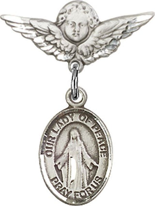 Sterling Silver Small Angel w/Wings O/L of Peace Baby Badge - Engravable