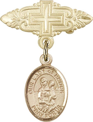14kt Gold Badge Pin With Cross O/L of Knock Baby Badge - Engravable