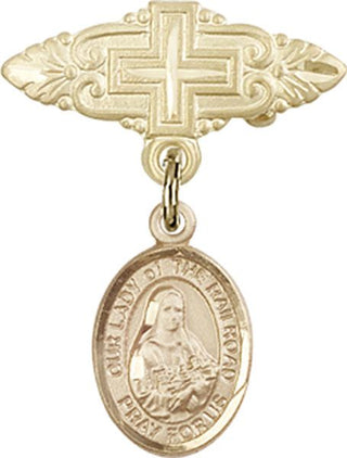 14kt Gold Badge Pin With Cross O/L of the Railroad Baby Badge - Engravable