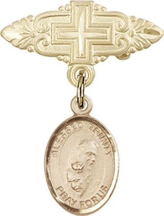 14kt Gold Badge Pin With Cross Blessed Trinity Baby Badge - Engravable