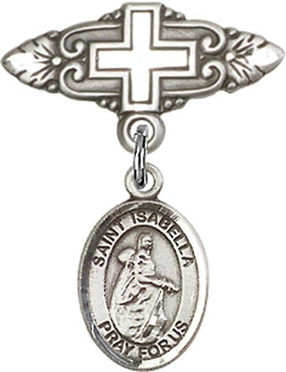 Sterling Silver Badge Pin With Cross St. Isabella of Portugal Baby Badge - Engravable