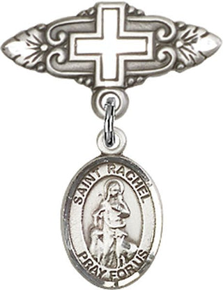Sterling Silver Badge Pin With Cross St. Rachel Baby Badge - Engravable