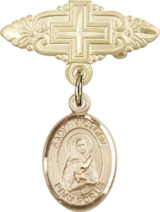 14kt Gold Badge Pin With Cross St. Victoria Baby Badge - Engravable