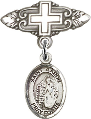 Sterling Silver Badge Pin With Cross St. Aaron Baby Badge - Engravable