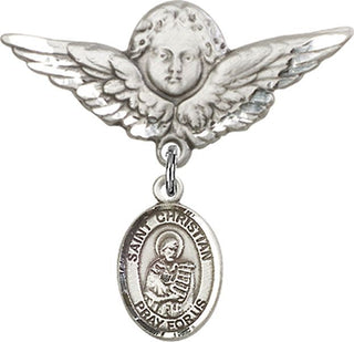 Sterling Silver Large Angel w/Wings St. Christian Demosthenes Baby Badge - Engravable
