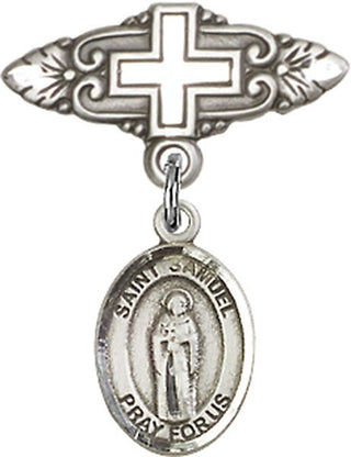 Sterling Silver Badge Pin With Cross St. Samuel Baby Badge - Engravable