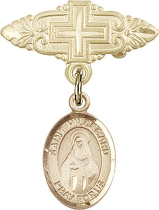14kt Gold Badge Pin With Cross St. Hildegard von Bingen Baby Badge - Engravable
