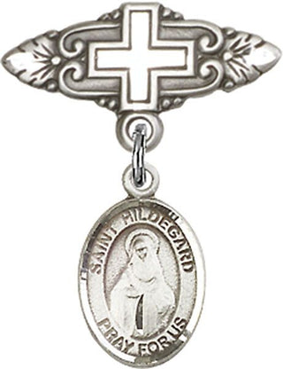 Sterling Silver Badge Pin With Cross St. Hildegard von Bingen Baby Badge - Engravable