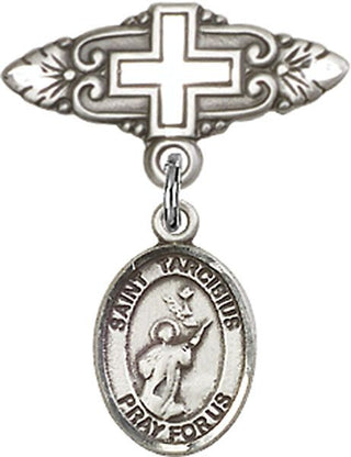 Sterling Silver Badge Pin With Cross St. Tarcisius Baby Badge - Engravable