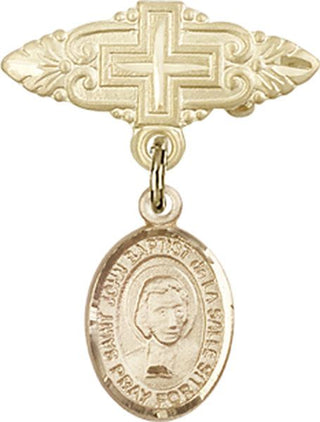 14kt Gold Badge Pin With Cross St. John Baptist de la Salle Baby Badge - Engravable