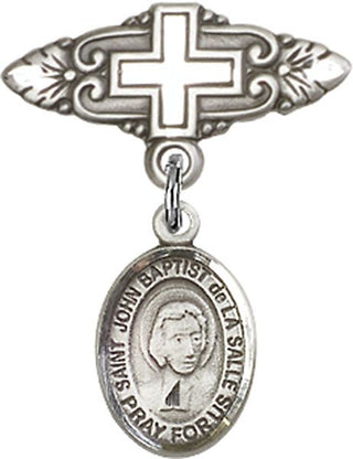Sterling Silver Badge Pin With Cross St. John Baptist de la Salle Baby Badge - Engravable