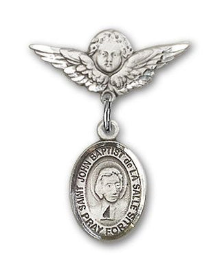 Sterling Silver Small Angel w/Wings St. John Baptist de la Salle Baby Badge - Engravable
