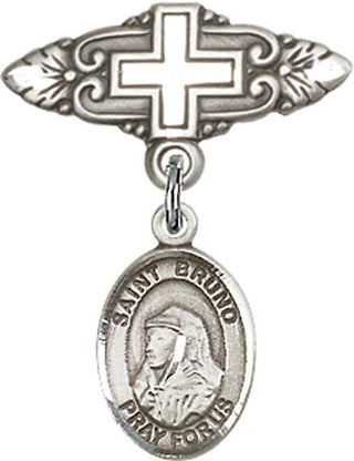 Sterling Silver Badge Pin With Cross St. Bruno Baby Badge - Engravable