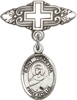 Sterling Silver Badge Pin With Cross St. Perpetua Baby Badge - Engravable