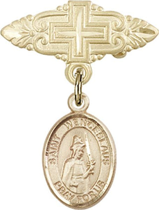 14kt Gold Badge Pin With Cross St. Wenceslaus Baby Badge - Engravable