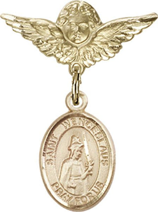14kt Gold Small Angel w/Wings St. Wenceslaus Baby Badge - Engravable