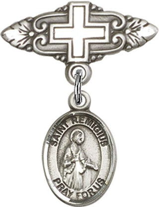 Sterling Silver Badge Pin With Cross St. Remigius of Reims Baby Badge - Engravable