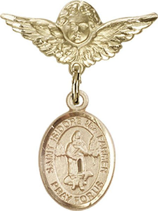 14kt Gold Small Angel w/Wings St. Isidore the Farmer Baby Badge - Engravable