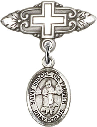 Sterling Silver Badge Pin With Cross St. Isidore the Farmer Baby Badge - Engravable