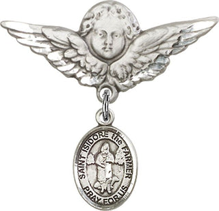 Sterling Silver Large Angel w/Wings St. Isidore the Farmer Baby Badge - Engravable