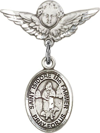 Sterling Silver Small Angel w/Wings St. Isidore the Farmer Baby Badge - Engravable