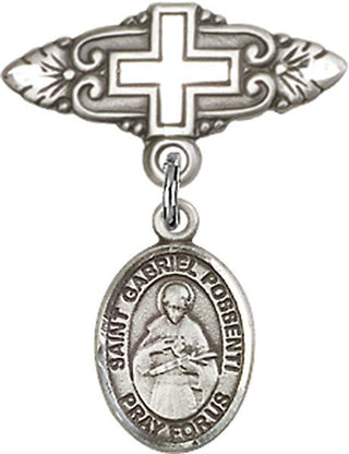 Sterling Silver Badge Pin With Cross St. Gabriel Possenti Baby Badge - Engravable