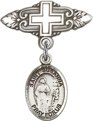 Sterling Silver Badge Pin With Cross St. Susanna Baby Badge - Engravable