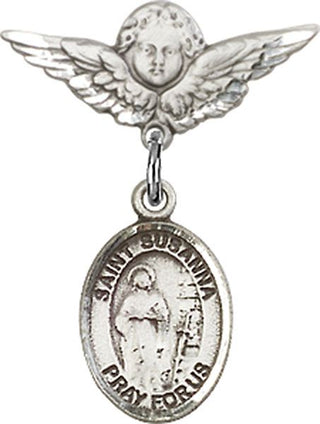 Sterling Silver Small Angel w/Wings St. Susanna Baby Badge - Engravable