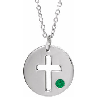 Sterling Silver Imitation Emerald Pierced Cross Disc 16-18" Necklace 